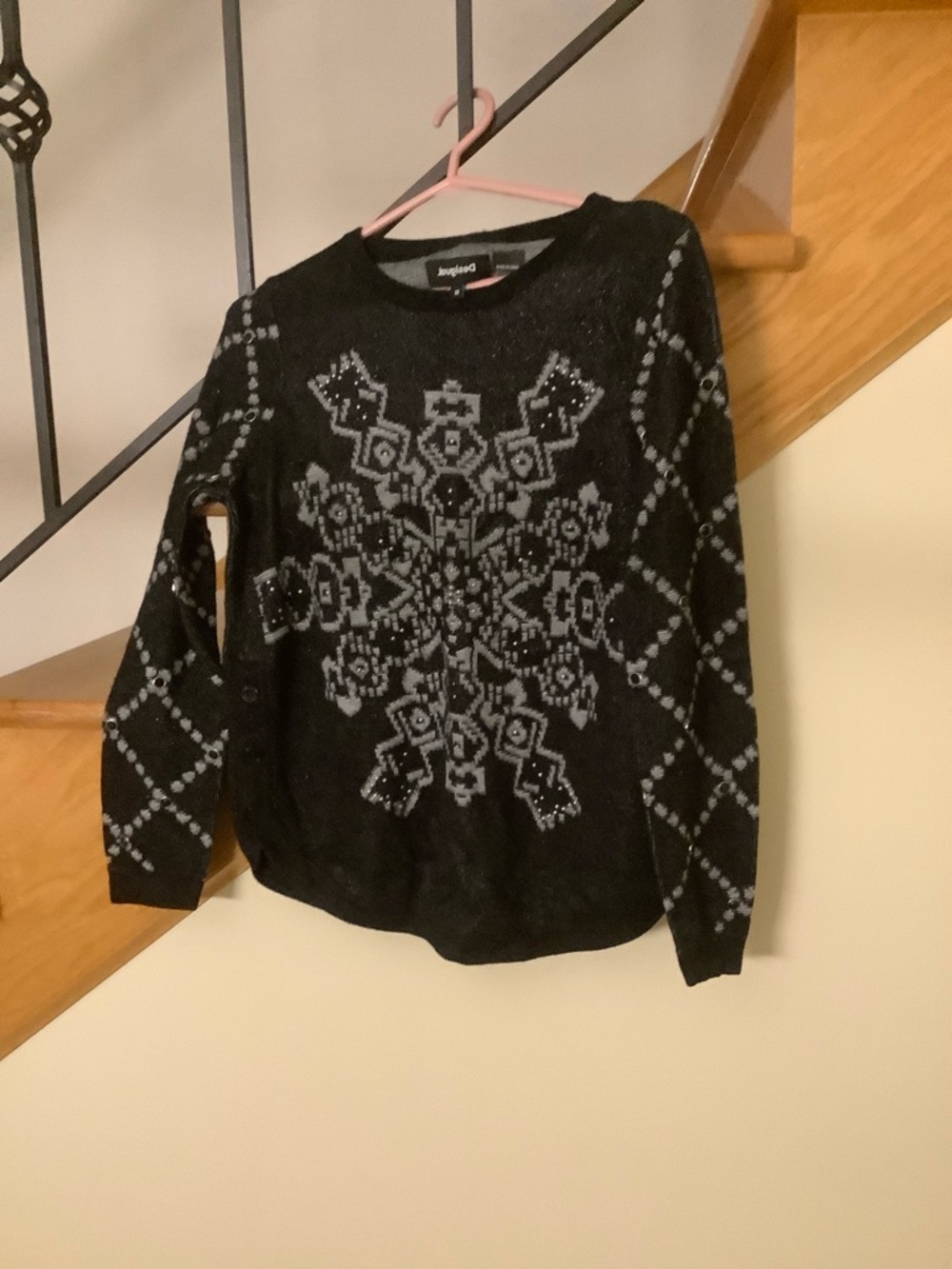 Desigual Black Sweater with Gray Snowflake Motif
